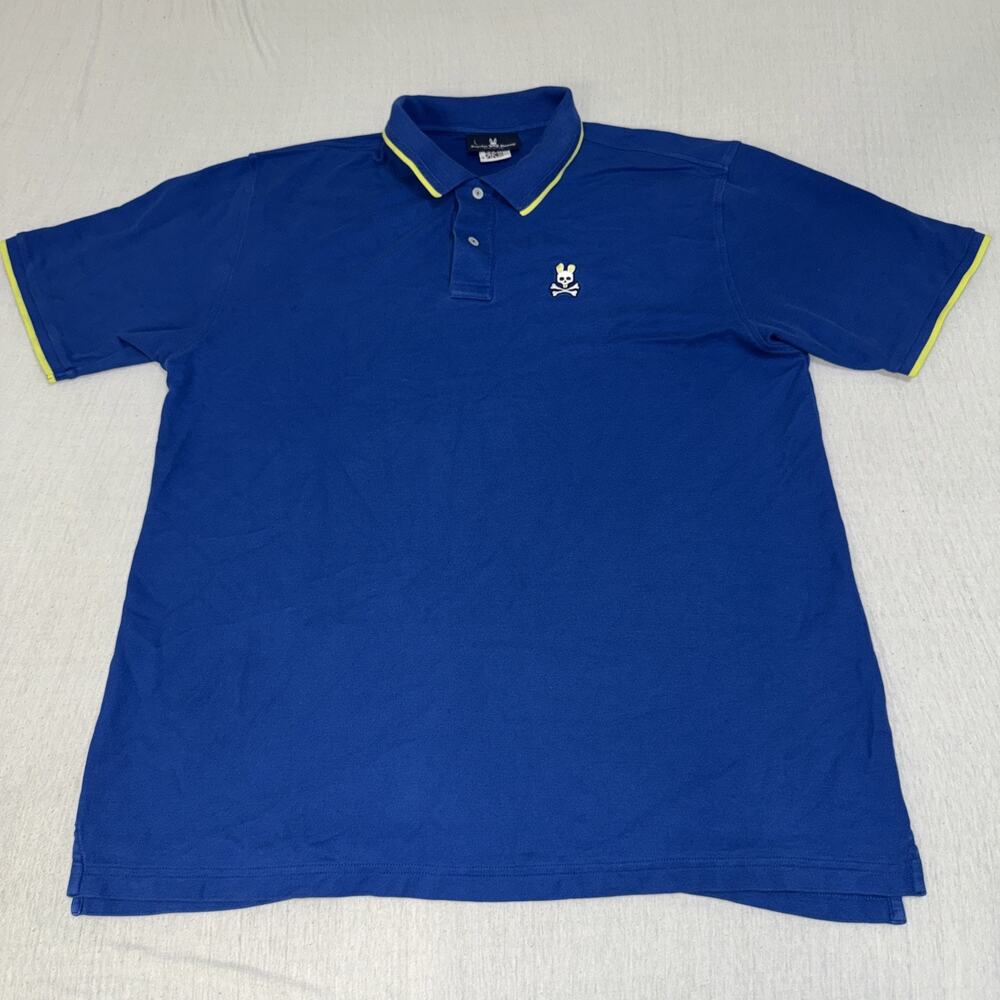 Psycho Bunny Polo Shirt Mens Sz 9 XL Blue Pima Cotton Skull Bunny Logo EUC